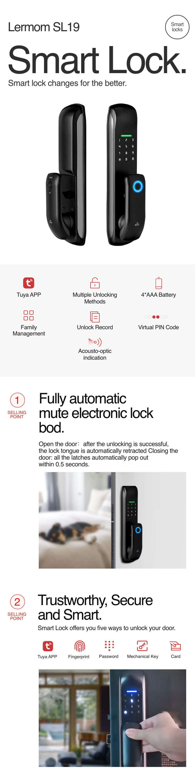 Smart Mortise Door Lock -  Fingerprint, Password, Mechanical Key, Card, APP, Bluetooth/WiFi Smart Lock  TAML19