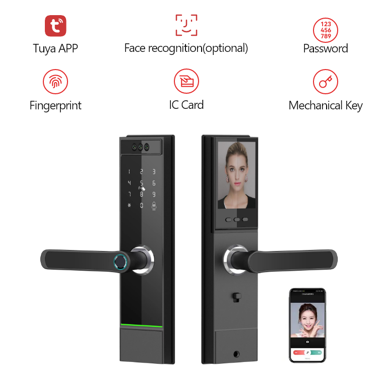 Smart Mortise Door Lock with Camera - Face Recognition, Fingerprint, Password, Mechanical Key, Card, APP, Bluetooth/WiFi  TALC10