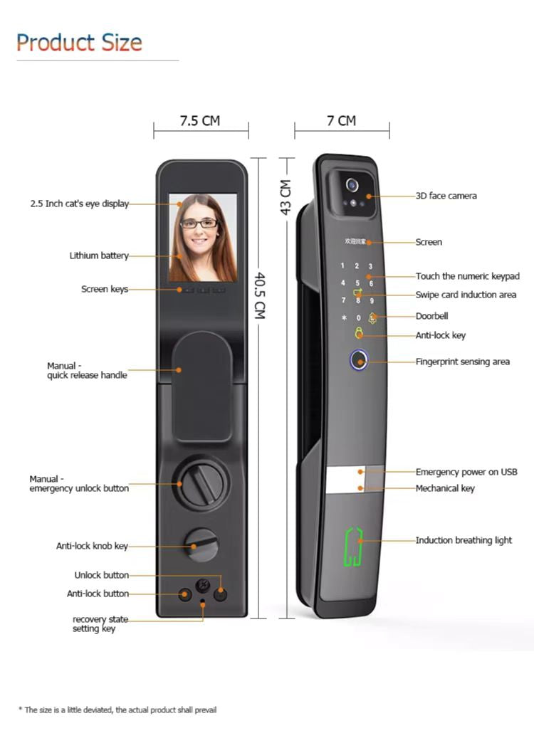 Smart Mortise Door Lock with Camera - Face Recognition, Fingerprint, Password, Mechanical Key, Card, APP, Bluetooth/WiFi  TALC05