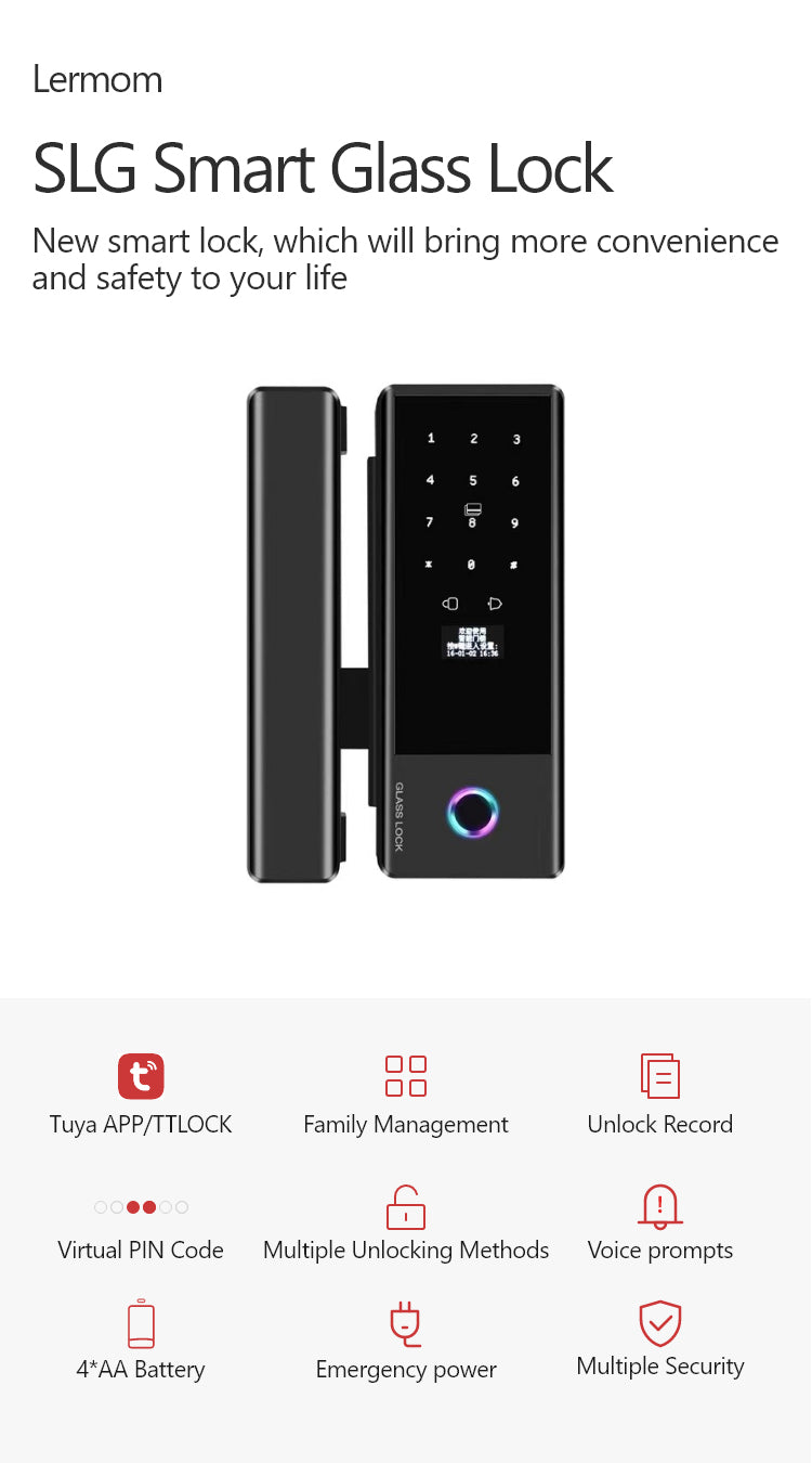 Smart Glass Door Lock - Fingerprint Password Card APP Wifi / Bluetooth Mechanical Key Smart Lock for Glass Doors  TAGL05