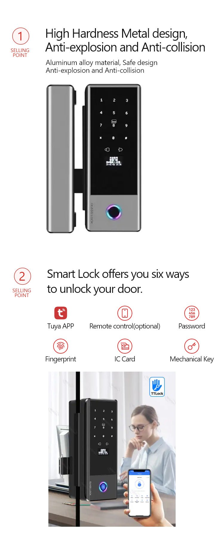 Smart Glass Door Lock - Fingerprint Password Card APP Wifi / Bluetooth Mechanical Key Smart Lock for Glass Doors  TAGL05