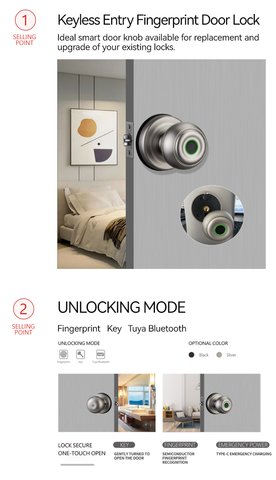 Smart Door Knob  - Fingerprint APP Mechanical Key  - SLK1