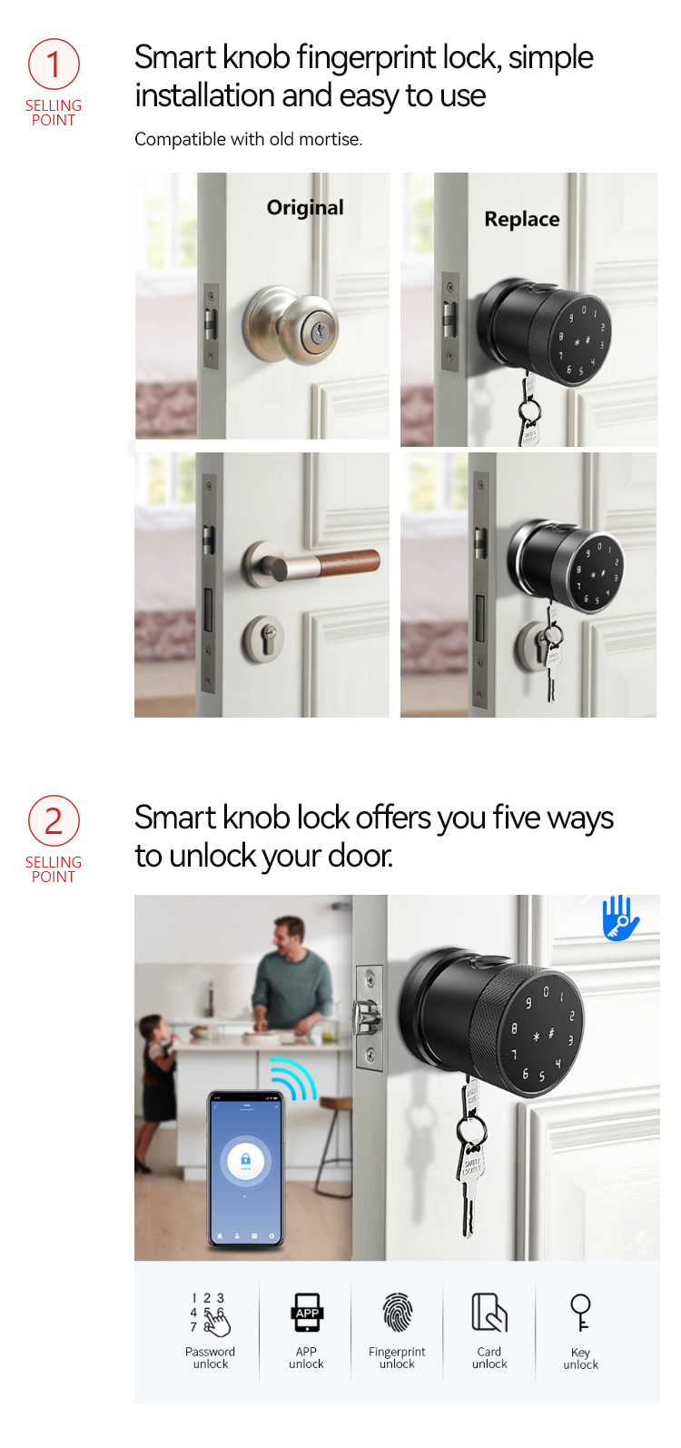 Smart Door Knob  - Fingerprint Password APP Card Mechanical Key  TADK05